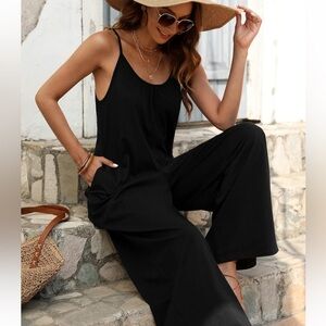 Black Bohemian Backless Loose Wide Leg Cami Ling Pant Jumpsuit Size XS NWT